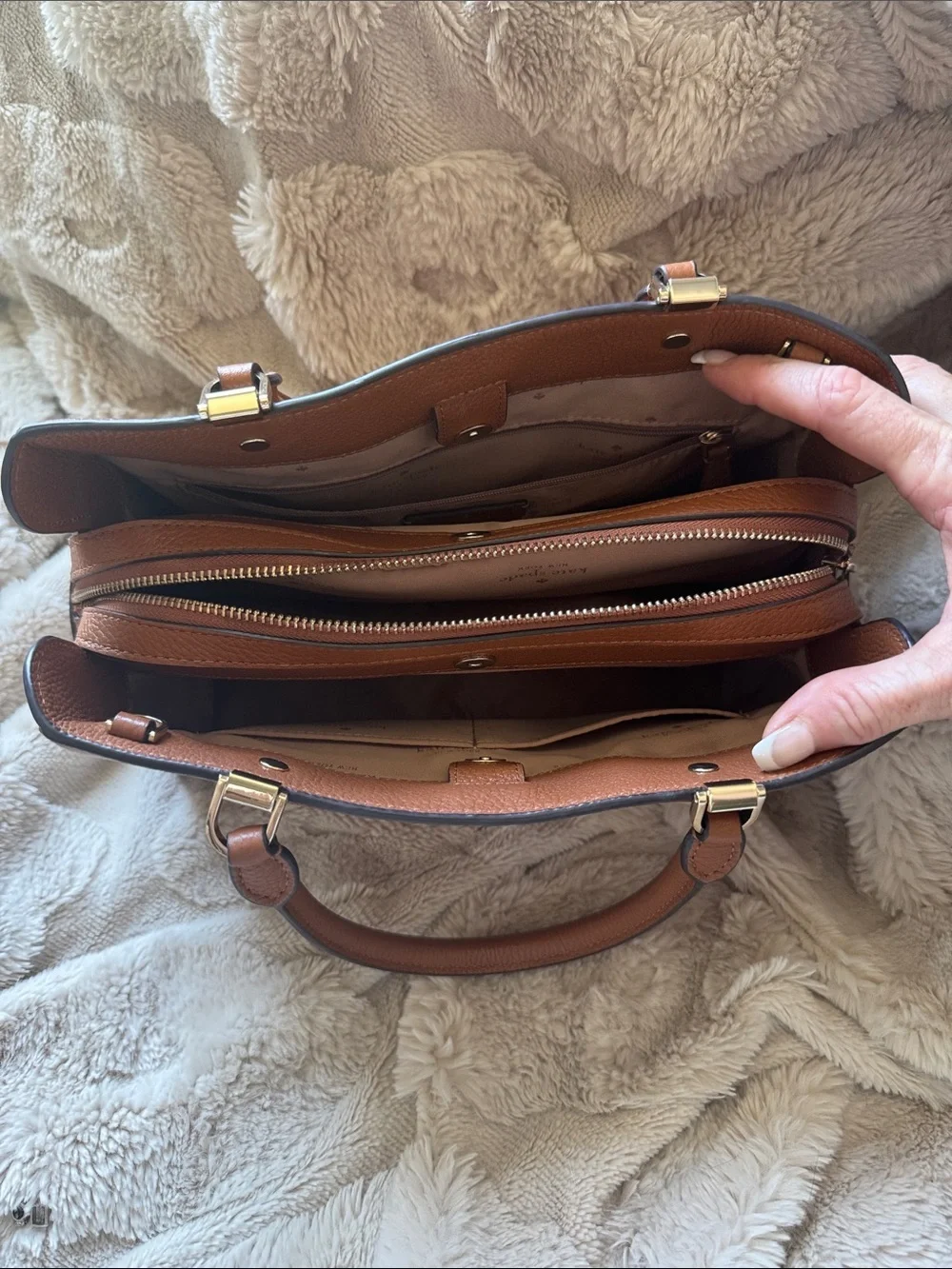 Kate Spade Leila Medium Triple Compartment Pebbled Leather Satchel Warm Ginger